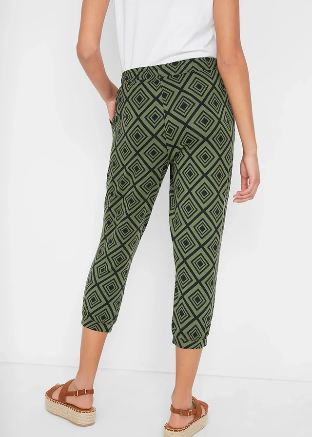Pantalon 3/4 fluide en viscose extensible, Couleur: kaki foncé imprimé graphique