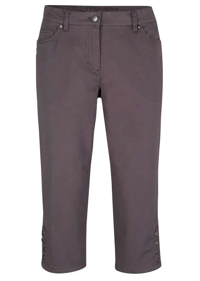 Katoenen capri met comfortband en knopen, Kleur: leisteengrijs
