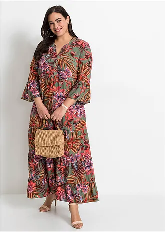 Robe longue en viscose fluide, Couleur: olive/rouge floral