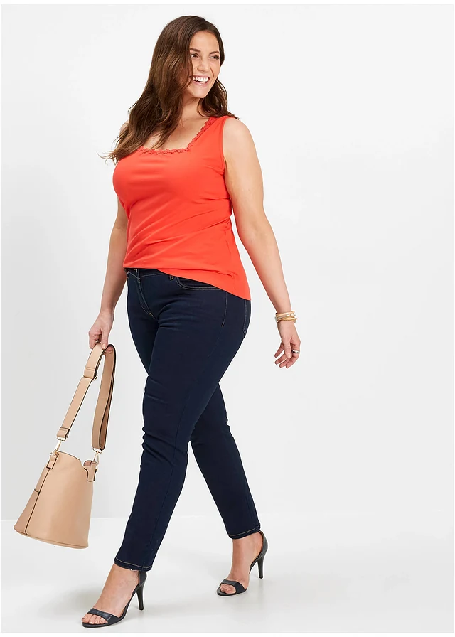 Slim fit jeans mid waist, super stretch, Kleur: donkerblauw denim
