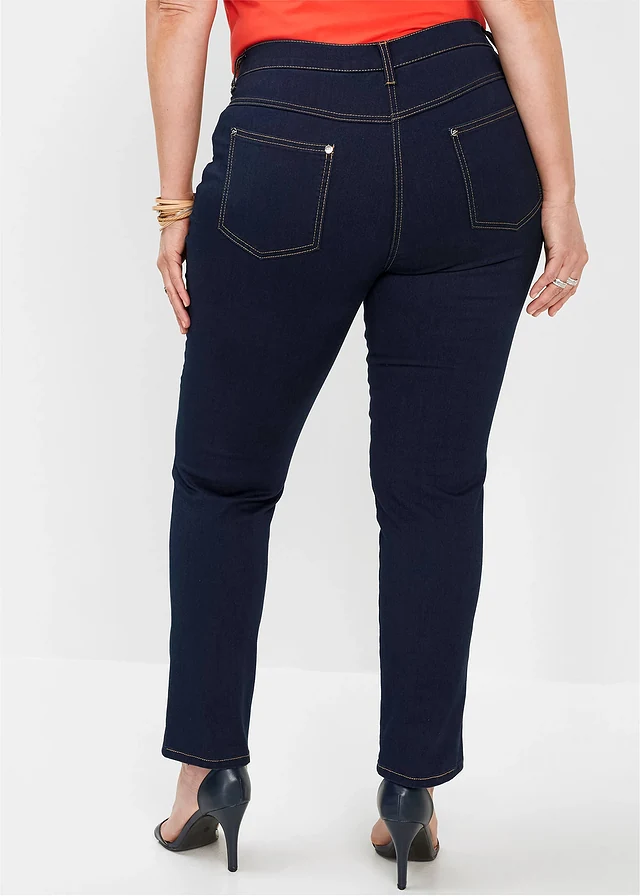 Slim fit jeans mid waist, super stretch, Kleur: donkerblauw denim