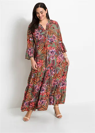 Robe longue en viscose fluide, Couleur: olive/rouge floral