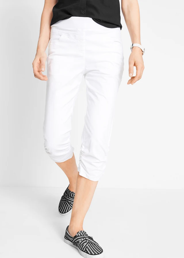 Capri broek van katoenmix met comfortband, Kleur: wit