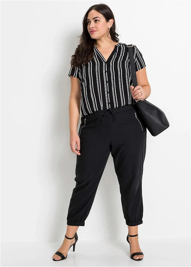 Chemisier manches courtes 100% viscose, Couleur: noir/blanc rayé