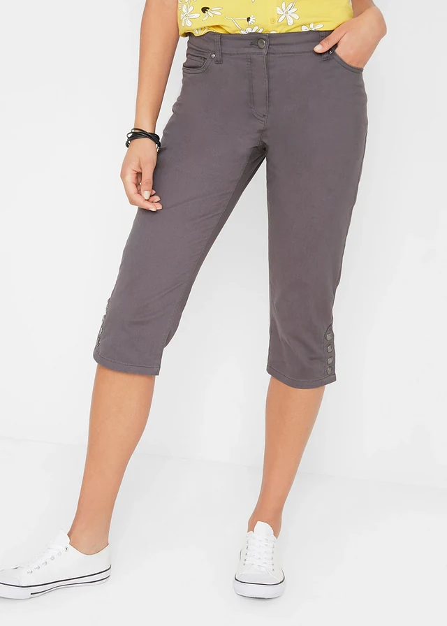 Pantacourt en coton avec taille élastique et boutons, Couleur: gris ardoise