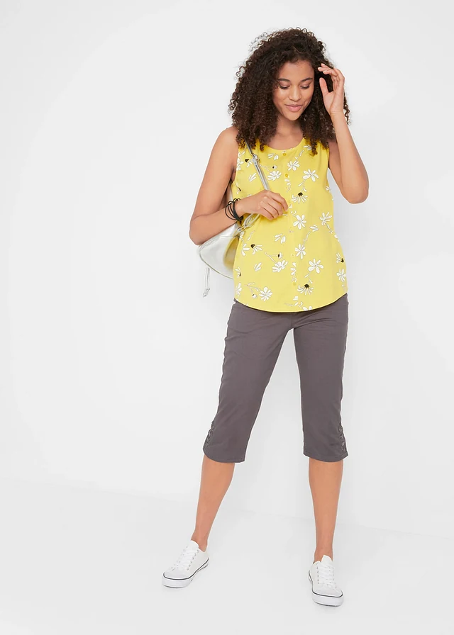 Pantacourt en coton avec taille élastique et boutons, Couleur: gris ardoise