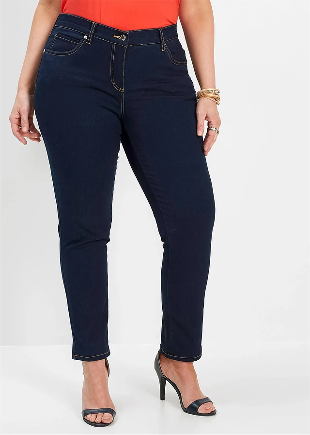 Slim fit jeans mid waist, super stretch, Kleur: donkerblauw denim