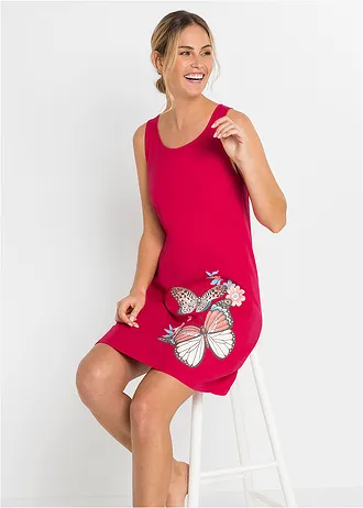 Kort nachthemd van puur katoen, Kleur: granaatrood met print