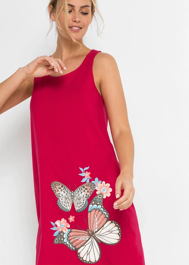 Kort nachthemd van puur katoen, Kleur: granaatrood met print