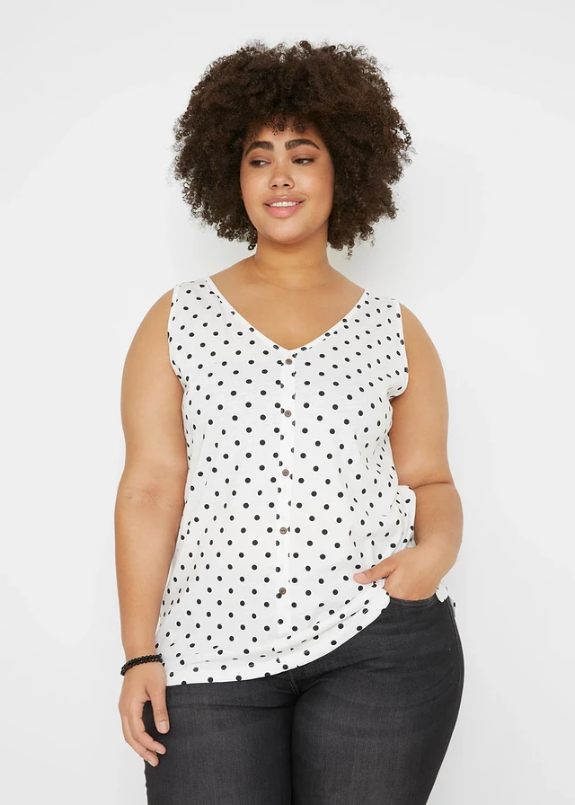 Top met knoopsluiting, Kleur: wit/zwart gestippeld