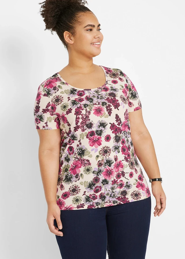Shirt (set van 2), Kleur: effen bessenrood+kiezelbeige gebloemd