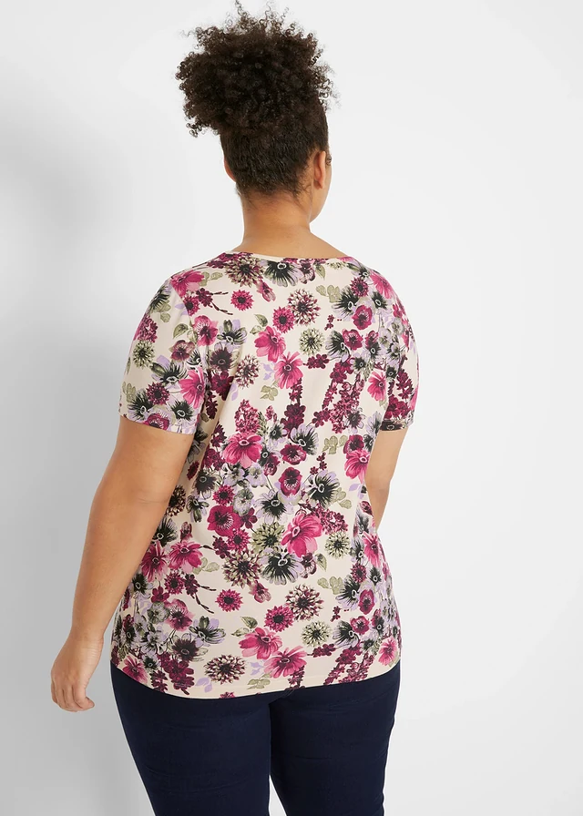 Shirt (set van 2), Kleur: effen bessenrood+kiezelbeige gebloemd