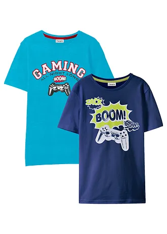 Tričko z čisté organické bavlny (2 ks v balení) • tmavě modrá + karibsky modrá s potiskem • bonprix obchod