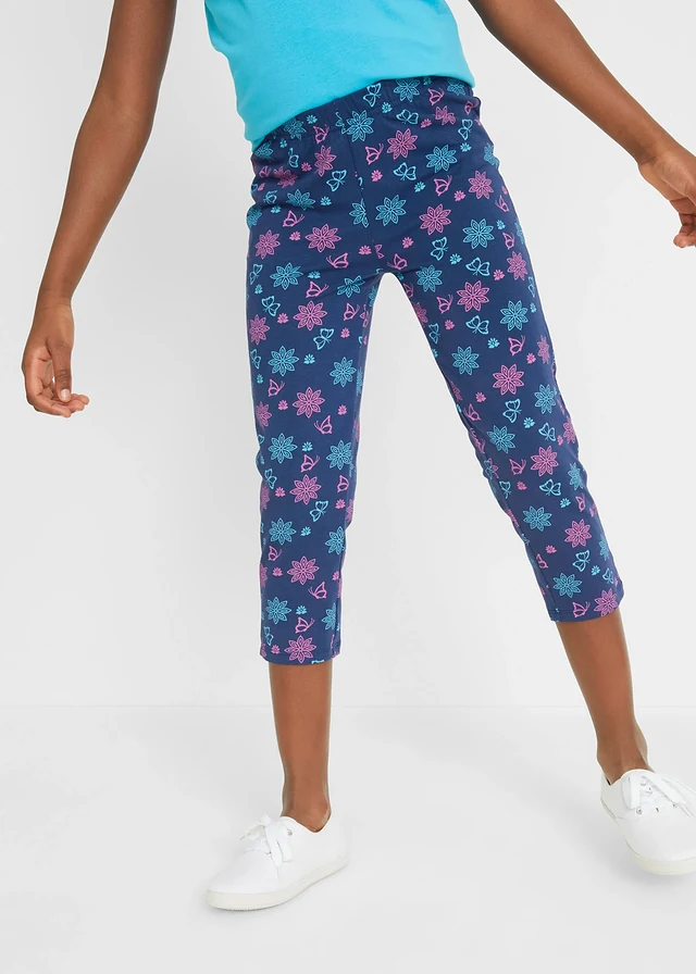 Lot de 2 leggings 3/4 en coton extensible, Couleur: bleu nuit+turquoise