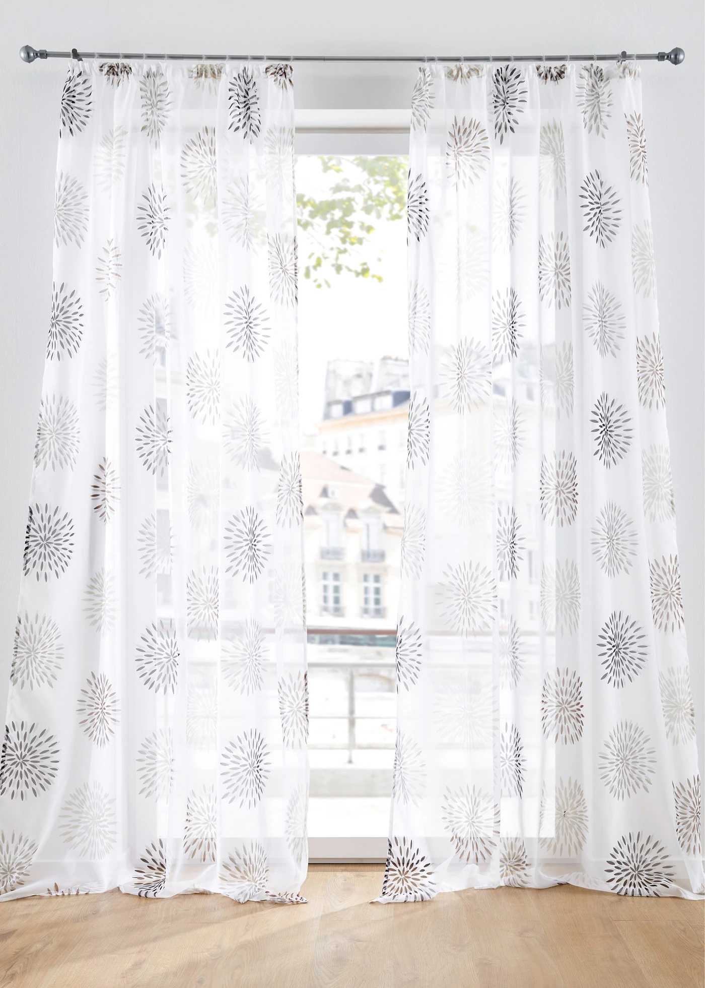 Voilage imprimé cercles (1 pce), aussi en XXL • blanc-marron • Boutique bonprix