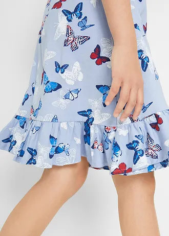 Žerzejové šaty z čisté organické bavlny, s volány • perlově modrá s potiskem • bonprix obchod