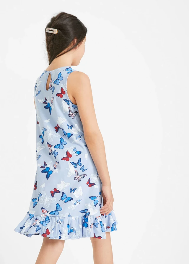 Meisjes jersey jurk met volants van biologisch katoen, Kleur: parelblauw gedessineerd