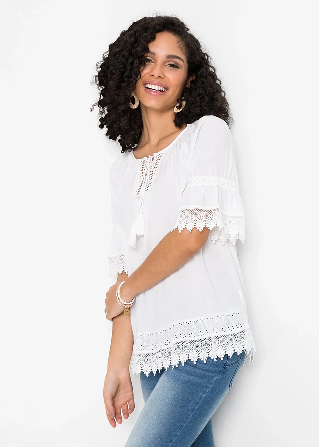 Tunique à dentelle en viscose douce, Couleur: blanc
