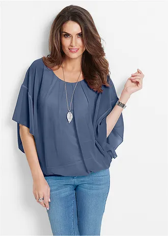 Chiffon blouse met ondershirt, Kleur: indigo