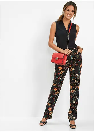 Instapbroek van viscose, Kleur: zwart-chilirood paisley