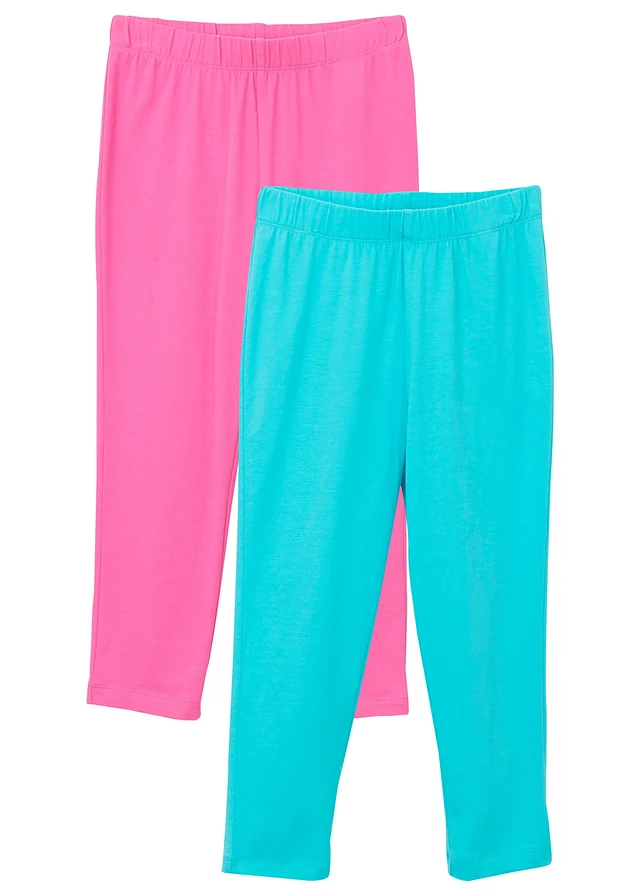 Meisjes 3/4 legging (set van 2) met biologisch katoenmix, Kleur: aqua+lichtfuchsia