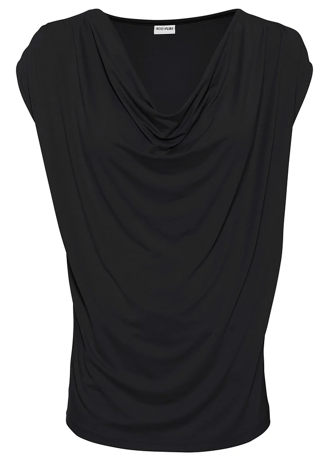 Shirt met watervalhals in een  viscosemix, Kleur: zwart