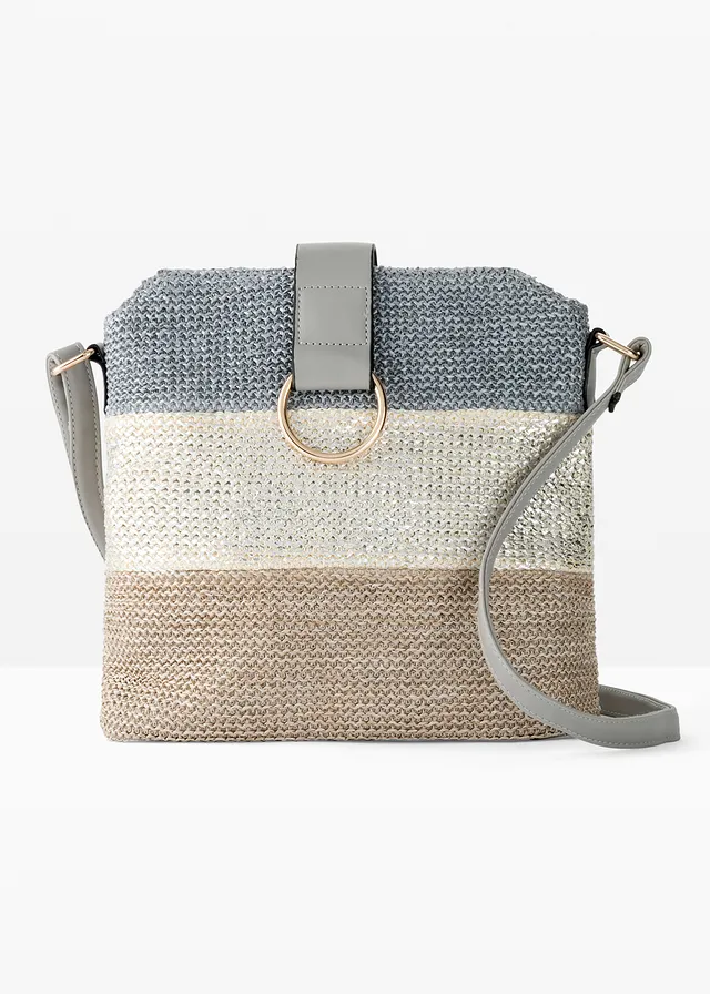 Schoudertas in rieten look, Kleur: lichtblauw-ecru-beige gestreept