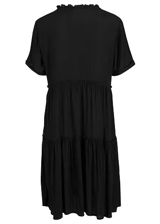 Knielange viscose crinkle jurk met strikkoordjes, Kleur: zwart