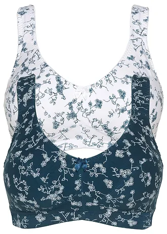 Bh zonder beugels (set van 2) met biologisch katoen, Kleur: blauwpetrol+wit gebloemd