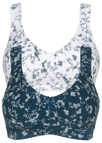 Podprsenka bez kostic, s organickou bavlnou  (2 ks v balení), barva: modrá petrolejová + bílá s květy