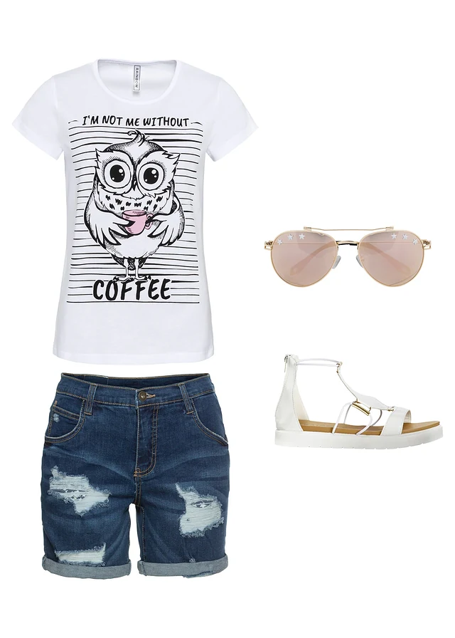 T-shirt 100% coton, Couleur: blanc imprimé hibou