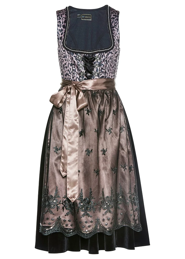 Dirndl met luipaardpatroon en schort (2-dlg. set), Kleur: zwart gedessineerd