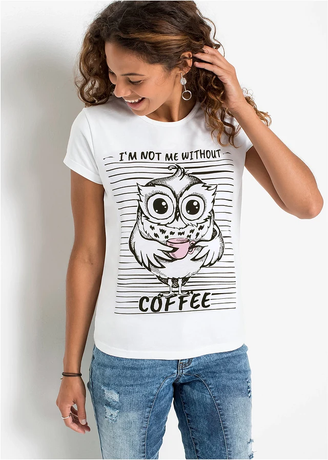 T-shirt 100% coton, Couleur: blanc imprimé hibou