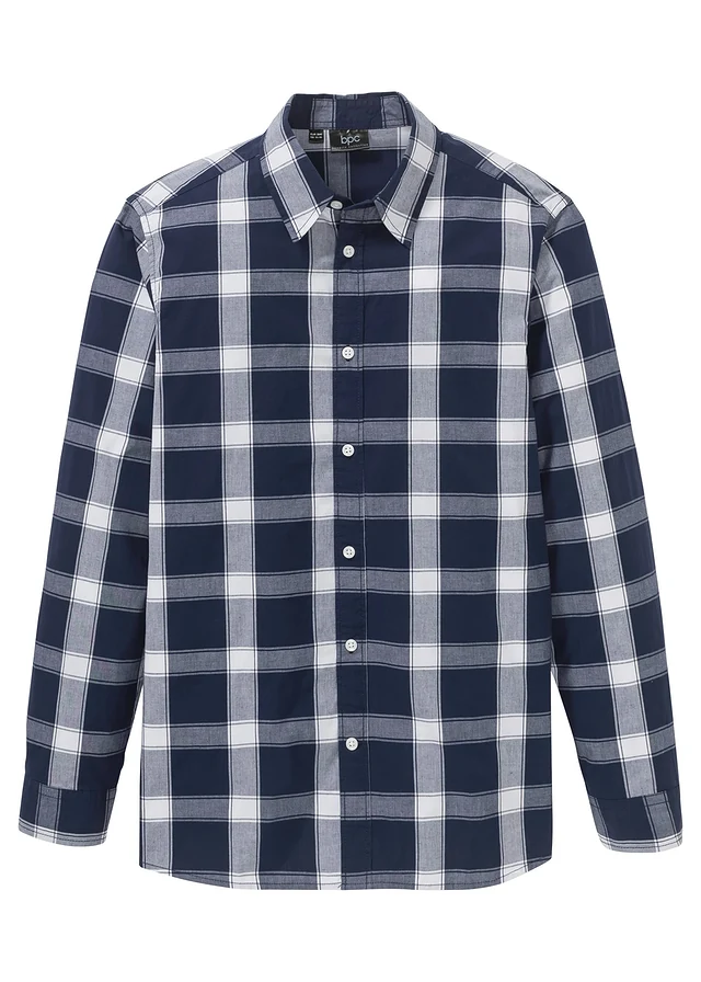 Chemise manches longues 100% coton, Couleur: bleu foncé carreaux