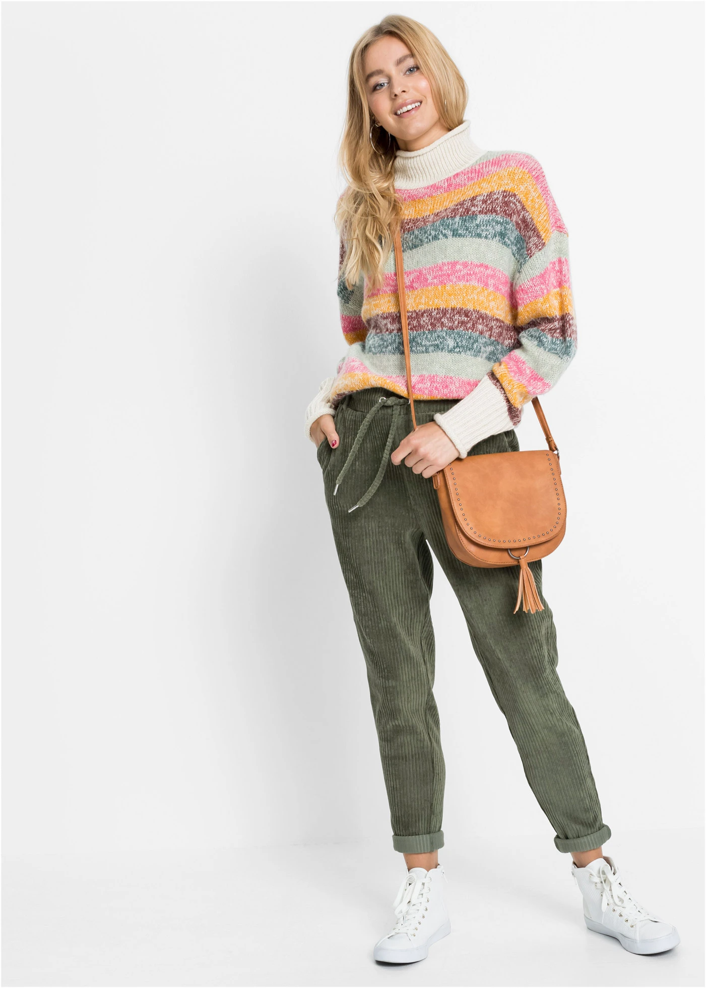 Kalhoty v manšestrovém vzhledu s elastickým pasem • olivová • bonprix obchod