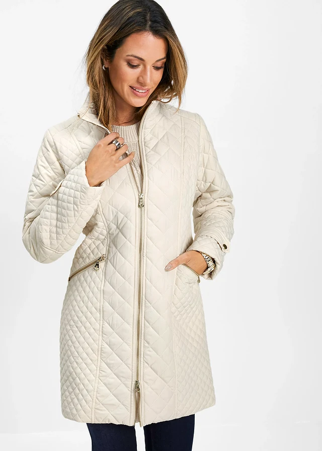 Lange gewatteerde jas, Kleur: kiezelbeige