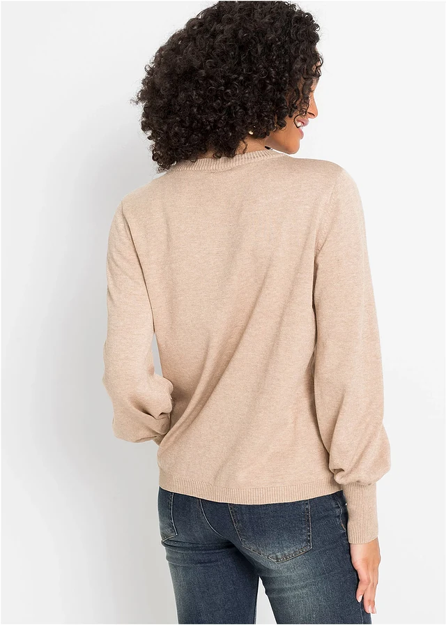 Trui met ballonmouwen, Kleur: beige gemêleerd