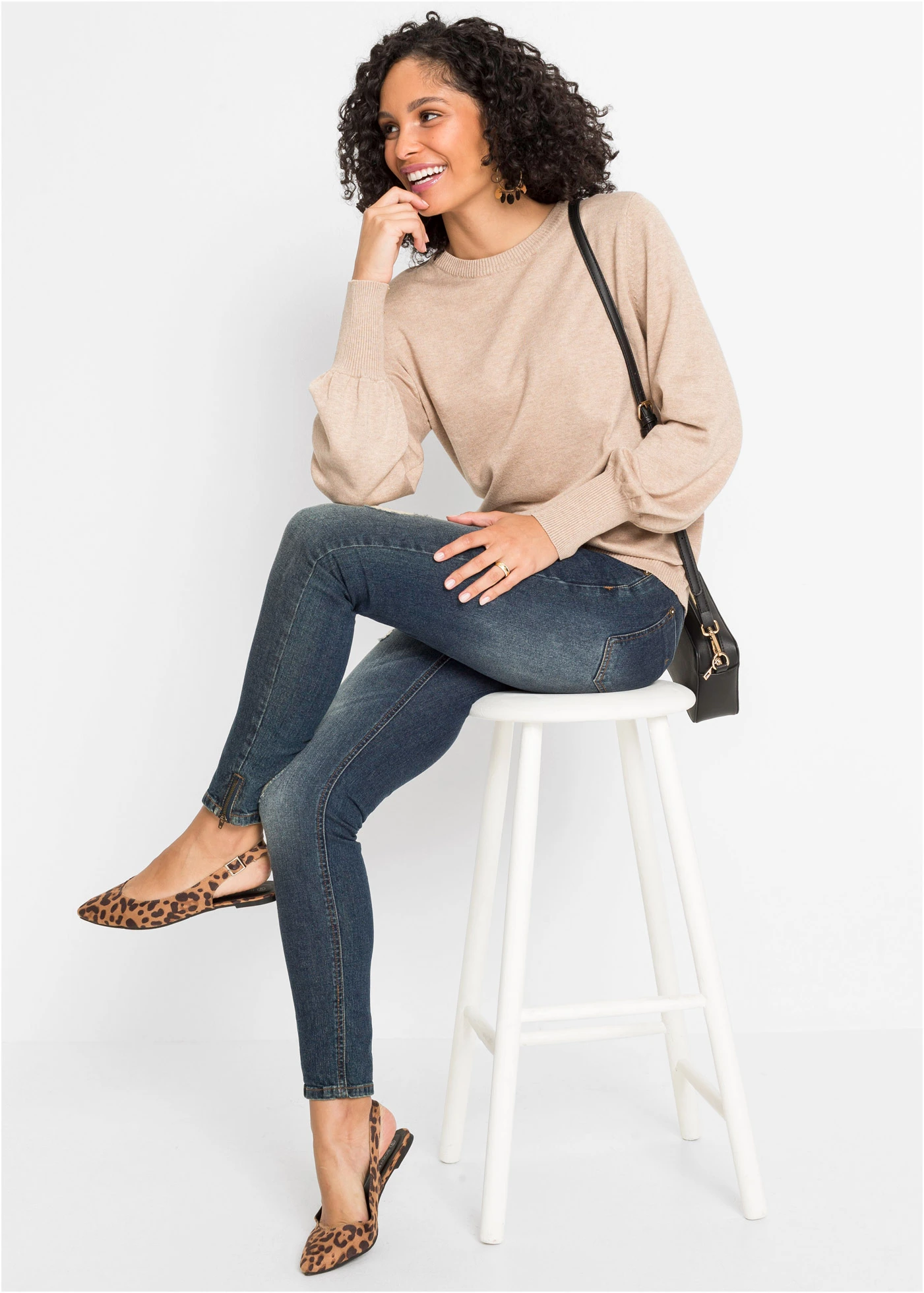 Svetr s balónovými rukávy • béžový melír • bonprix obchod