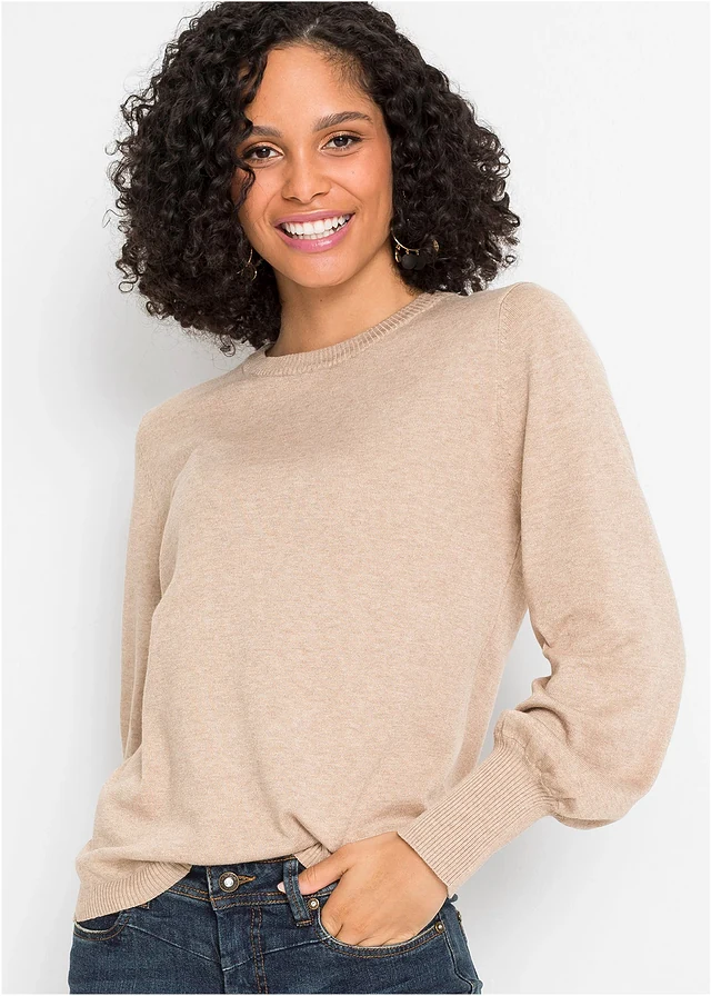 Trui met ballonmouwen, Kleur: beige gemêleerd