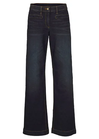 Wide leg jeans mid waist, comfort tailleband • donkerblauw denim used • bonprix online shop