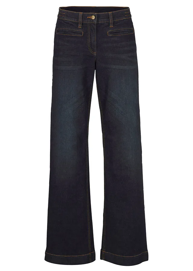 Jeansy wide leg, mid waist, z elastyczną wstawką w talii • granatowy denim used • sklep bonprix