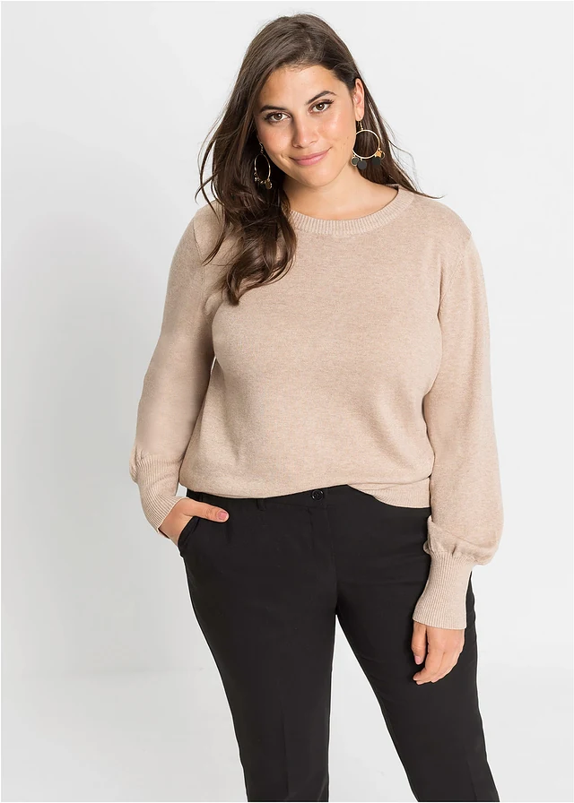 Trui met ballonmouwen, Kleur: beige gemêleerd