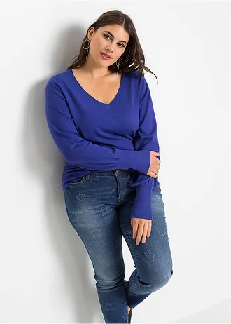 Pull en fine maille de viscose mélangée, Couleur: bleu saphir