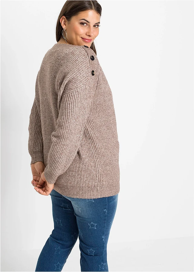Oversized trui met knopen, Kleur: bruin gemêleerd