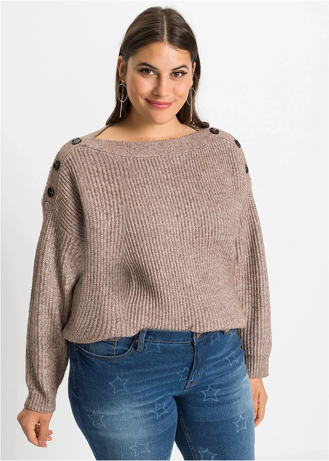 Oversized trui met knopen, Kleur: bruin gemêleerd