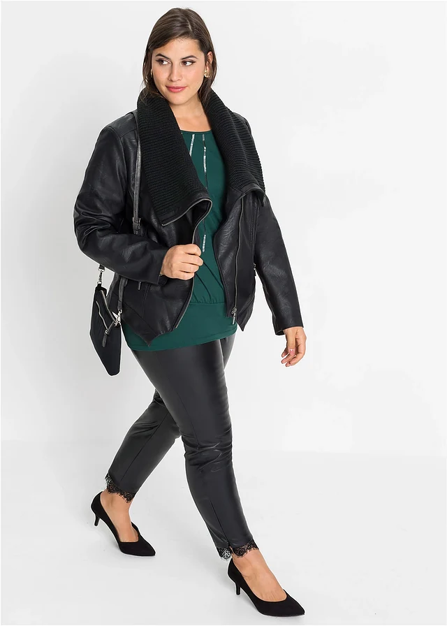 Blouson enduit à col châle, Couleur: noir