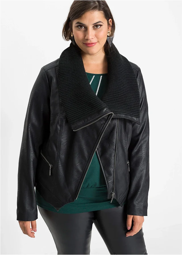 Blouson enduit à col châle, Couleur: noir