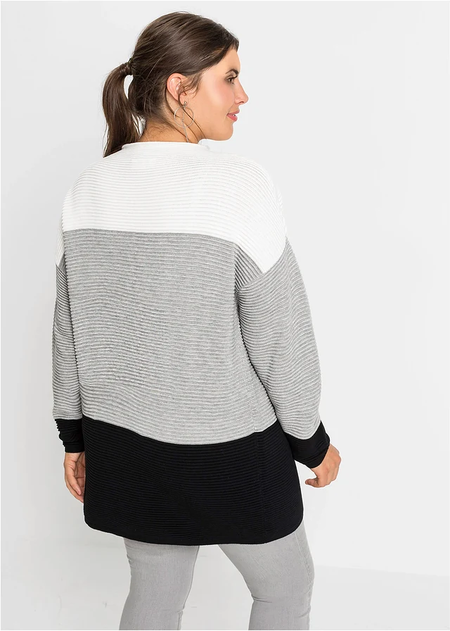 Pull long à rayures, Couleur: blanc cassé/gris/noir rayé