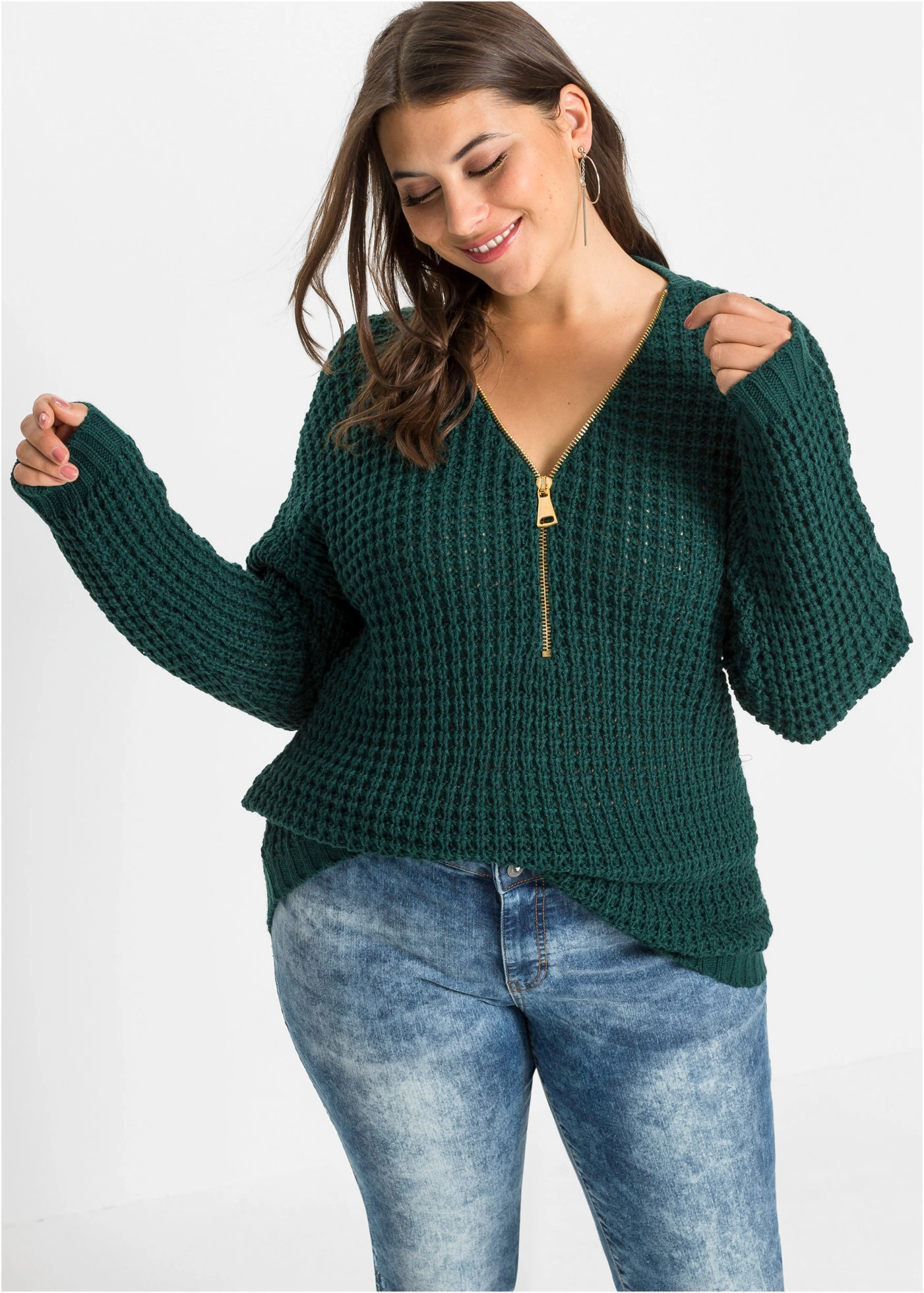 Svetr z hrubé pleteniny, se zipem • tmavě zelená plus size • bonprix obchod