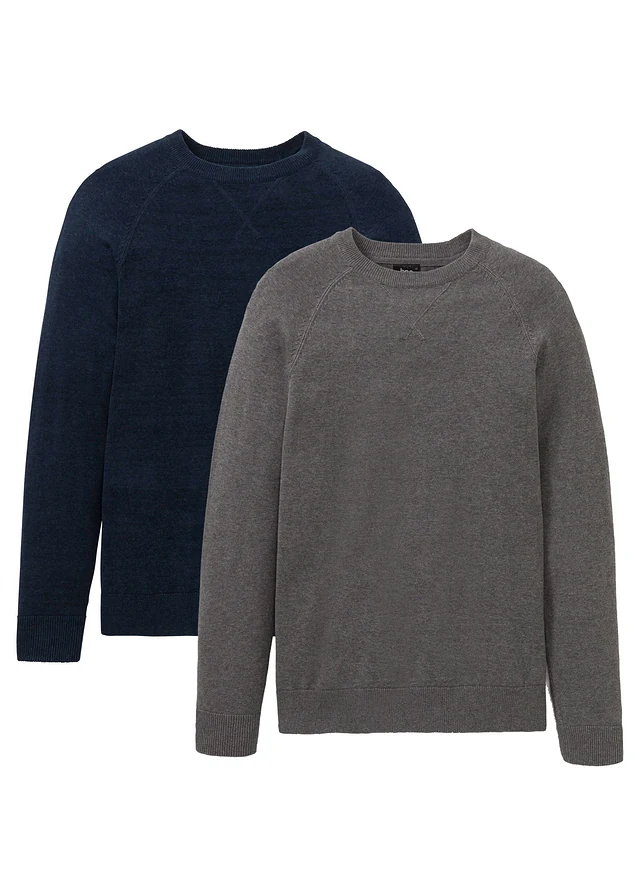Lot de 2 pulls en fine maille 100% coton, Couleur: gris chiné + bleu foncé